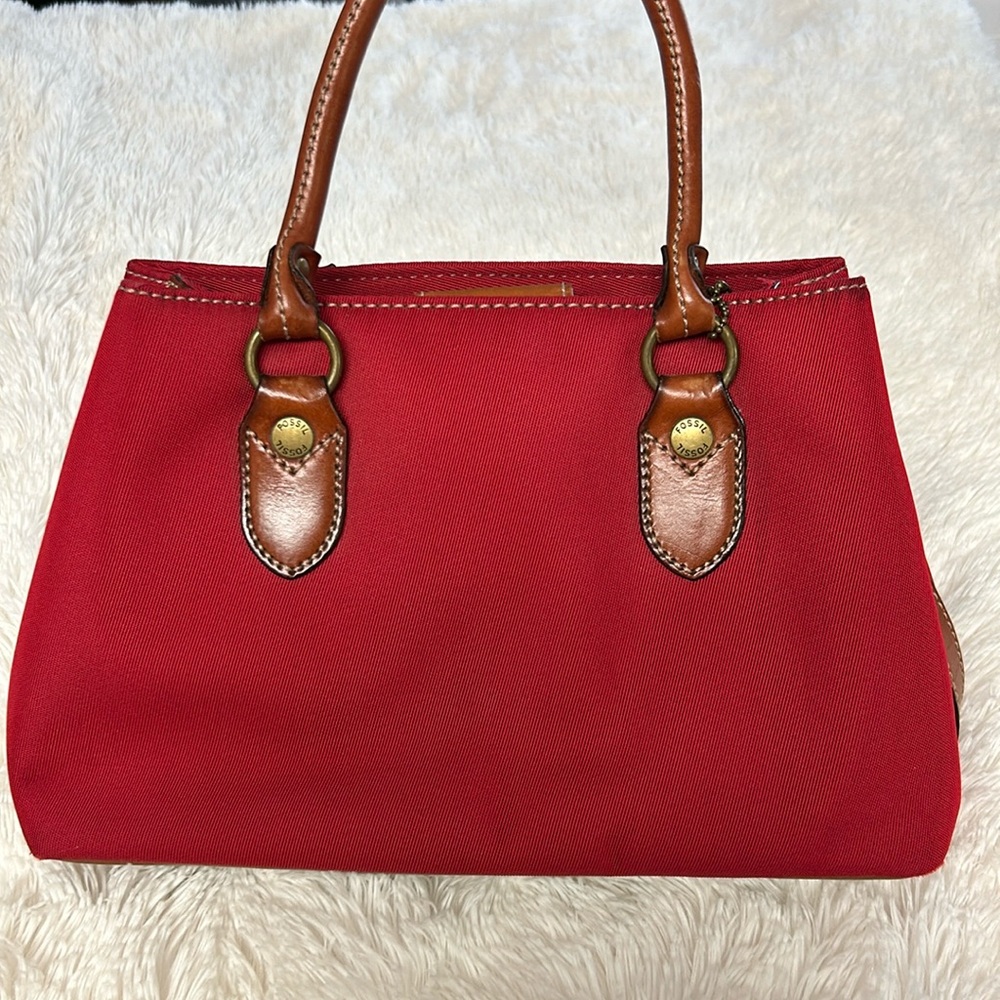 Fossil Red Canvas Satchel with Brown Leather Handles - Picture 2 of 7